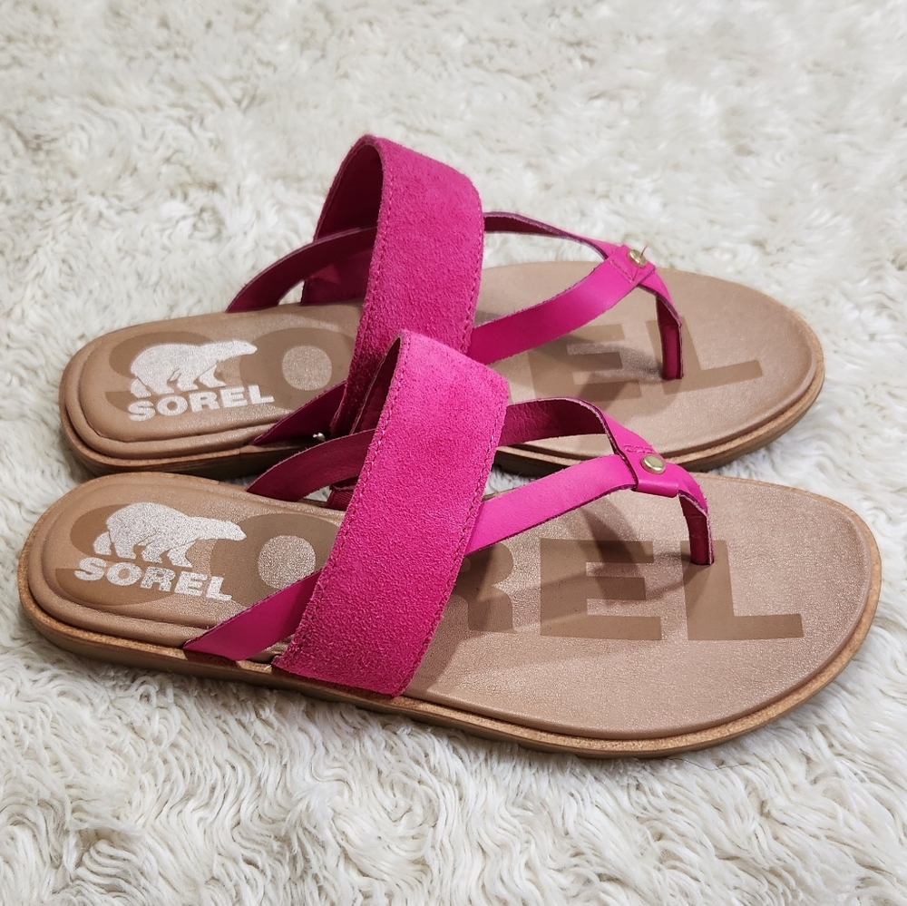 SOREL Ella II Easy Flip Sandals In Fuchsia Fizz Pink / Sea Salt Womens US 7 - Picture 6 of 9